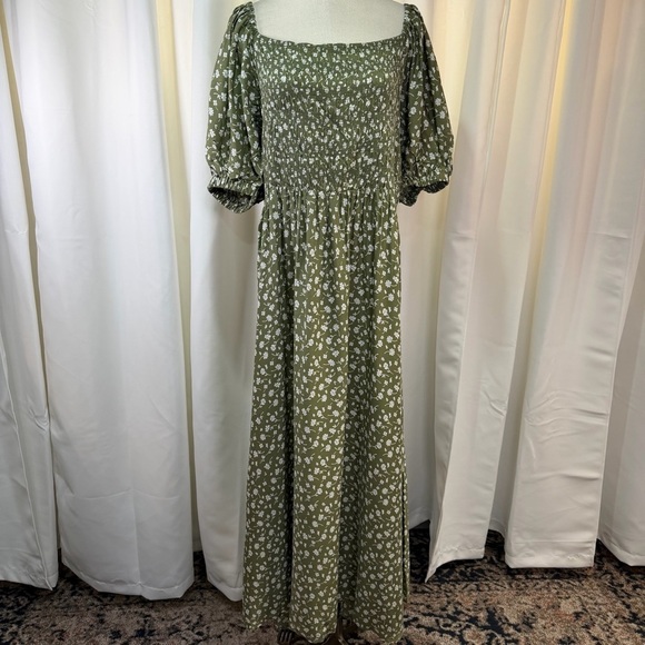 NWT Lulus ‘Strolls With You’ Olive Green Floral Print Puff Sleeve Maxi Dress 3X - Picture 4 of 15